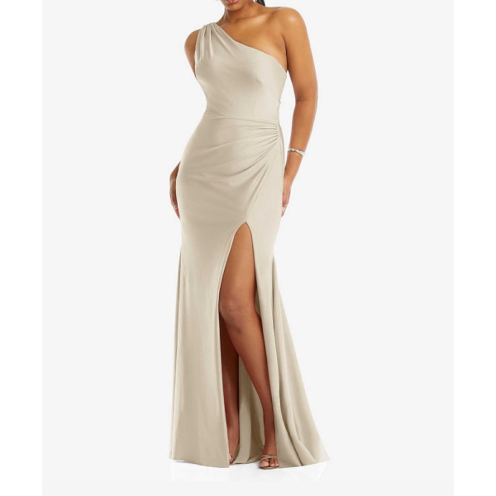 Cynthia & Sahar Portia One Shoulder Drape Back Slit‎ Dress in Champagne